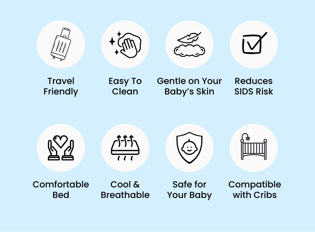 Why Our DreamNest Baby Bed? Travel friendly, easy to clean, gentle on your baby’s skin, reduces SIDS risk, comfortable bed, cool & breathable, safe for your baby, compatible with cribs.