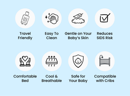 Why Our DreamNest Baby Bed? Travel friendly, easy to clean, gentle on your baby’s skin, reduces SIDS risk, comfortable bed, cool & breathable, safe for your baby, compatible with cribs.